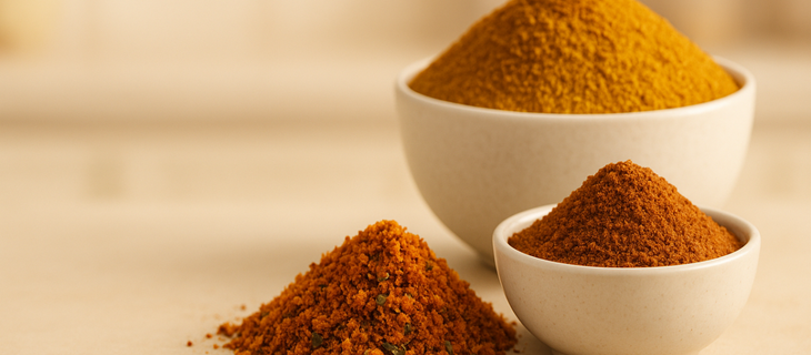 Assorted African spices including suya spice, Cameroon pepper, and mixed seasoning powders arranged neatly on a light kitchen background.
