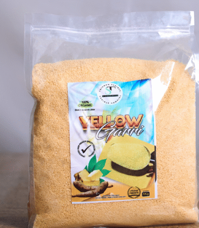 Yellow garri – roasted cassava flakes for eba, enriched with palm oil.