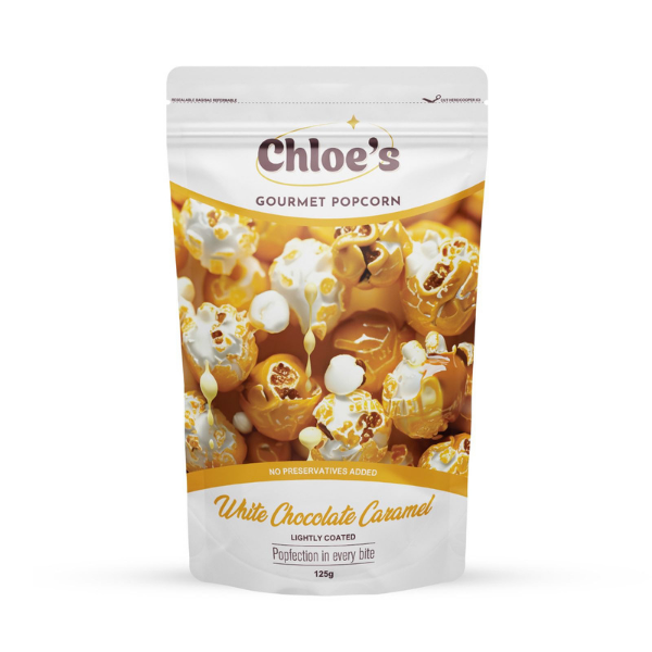 White chocolate caramel popcorn coated in creamy white chocolate and rich golden caramel glaze.